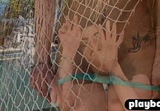 Milf hides small tits thrill in outdoor posing reveal