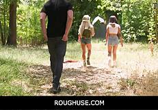 busty blonde kitty drilled roughly outdoors by stud in front of asian gf
