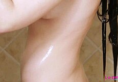 skinny teen brunette slips into a teasing shower reveal