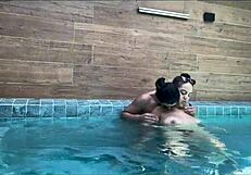 Busty girlfriend strap-on fucks boyfriend in swimming pool