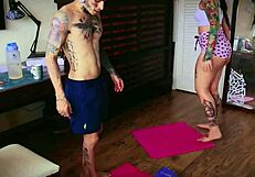 Stepsister milks my cock after workout train session!