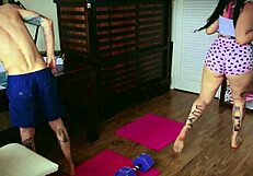 Stepsister milks my cock after workout train session!