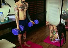 Stepsister milks my cock after workout train session!