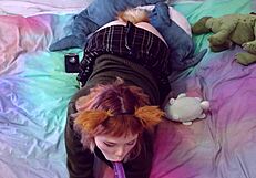 A cute fox girl deepthroats toy then penetrates tight pussy