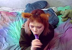 A cute fox girl deepthroats toy then penetrates tight pussy