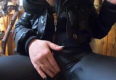 Cum drenches my black down jacket and leather leggings