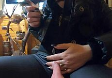 Cum drenches my black down jacket and leather leggings