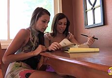 brunette and friend ignite lesbian pussy licking in tight car