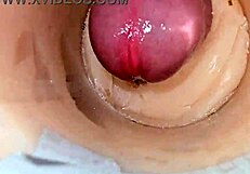 Camera shoved deep inside tight shaved pussy catches monster cum explosion creampie close up