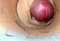 Camera shoved deep inside tight shaved pussy catches monster cum explosion creampie close up