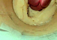 Camera shoved deep inside tight shaved pussy catches monster cum explosion creampie close up