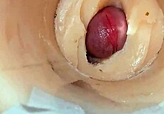 Camera shoved deep inside tight shaved pussy catches monster cum explosion creampie close up