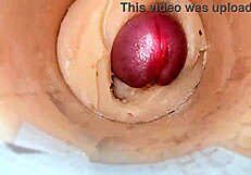 Camera shoved deep inside tight shaved pussy catches monster cum explosion creampie close up