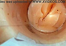 Camera shoved deep inside tight shaved pussy catches monster cum explosion creampie close up