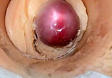 Camera shoved deep inside tight shaved pussy catches monster cum explosion creampie close up