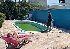 Piscineiro bends over juicy blonde milf pounding her wet pussy hard