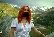 beautiful redhead masturbates solo outdoors in nature wearing cute dress