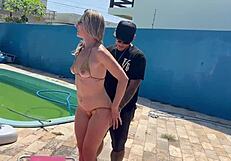Piscineiro bends over juicy blonde milf pounding her wet pussy hard