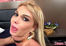 Blonde tgirl bruna gaucha swaps bareback fun with big ass curves