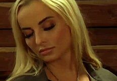 Dom lesbian mistress in panties fingers herself watching bound slave lick pussy