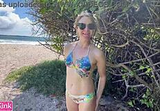 Amateur couple sneaks public beach sex on vacation she sucks daddy's cock rough then he face fucks her submissive slut girlfriend till cumshot facial