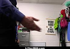 the uncooperative milf thief caught in garage faces punishment from two guards