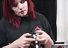 Curvy redhead fingers fat pussy in tight corset solo