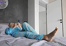 stepmom uses her pretty feet to seduce stepson then rides his cock hard