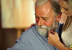 Old Bearded Man Stretches Young Blonde Pussy on Daybed Hard!