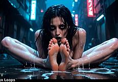 nyx loops licks her own cyberpunk goth feet in alley. ai generated 3d oops moment tasting sexy outfit