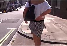 Voyeur mature wife flashes big tits outdoors then masturbates publicly