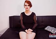 short haired redhead marla bends over for deepthroat doggystyle then swallows cum on shaved pussy