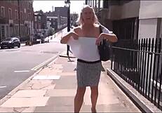 Voyeur mature wife flashes big tits outdoors then masturbates publicly