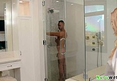 Busty Blonde Cherry Kiss Slips on Huge Cock During Wet Nuru Massage