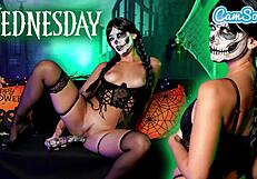Horny Petite Latina Wednesday Addams Toys Wet Pussy to Quivering Orgasm in Halloween Cosplay