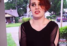 short haired redhead marla bends over for deepthroat doggystyle then swallows cum on shaved pussy