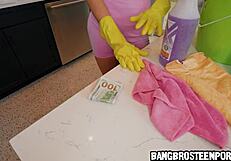The sexy new maid bends over showing off her CRAZY ASS while sucking MONSTER COCK and shaking NATURAL TITS