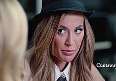 Blonde and brunette dames play noir roleplay game kissing scissoring rough with strapon