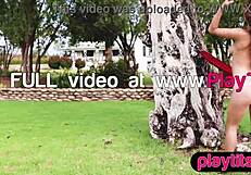 petite russian brunette babe with huge boobs and hairy pussy strips outdoors revealing big ass