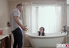 Shy Petite Teen Pornstar Deepthroats Kisses Licks Wet Pussy in Tub Before Hardcore Pool Sex