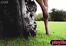 petite russian brunette babe with huge boobs and hairy pussy strips outdoors revealing big ass