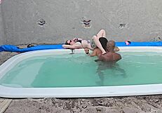 poolside jerk turns into creampie pounding two lingerie babes - feel the rush??