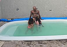 poolside jerk turns into creampie pounding two lingerie babes - feel the rush??