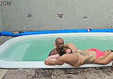 poolside jerk turns into creampie pounding two lingerie babes - feel the rush??