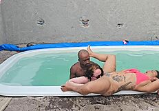 poolside jerk turns into creampie pounding two lingerie babes - feel the rush??