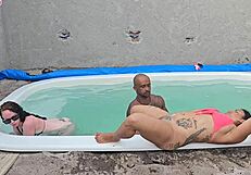 poolside jerk turns into creampie pounding two lingerie babes - feel the rush??