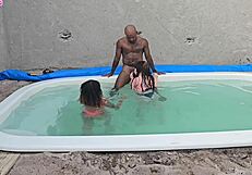 poolside jerk turns into creampie pounding two lingerie babes - feel the rush??