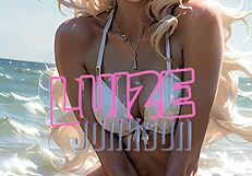 blonde with piercing blue eyes teases her shaved pink pussy