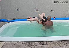 poolside jerk turns into creampie pounding two lingerie babes - feel the rush??