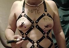 french milf slave chained in harness masturbates publicly outdoors